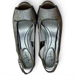 Life Stride Womens Peep Toe Slingback Heels Sparkle‎ Glitter Silver Wedge Sz-7M